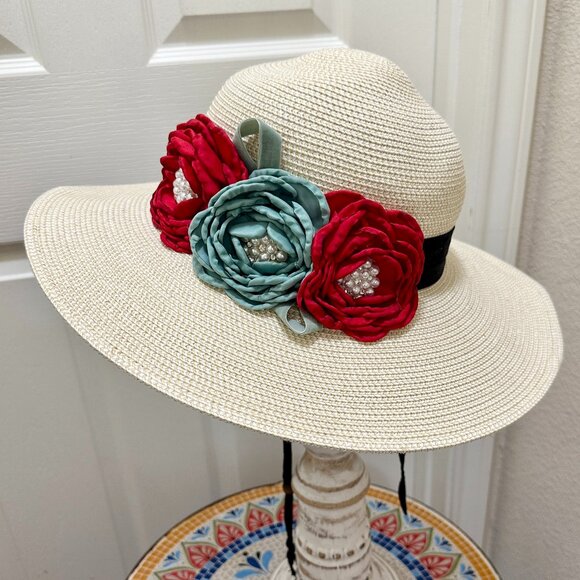 Elegant Women's Tweed Sun Hat With Satin Flowers And Pearls Special Event (NEW) - Picture 12 of 12